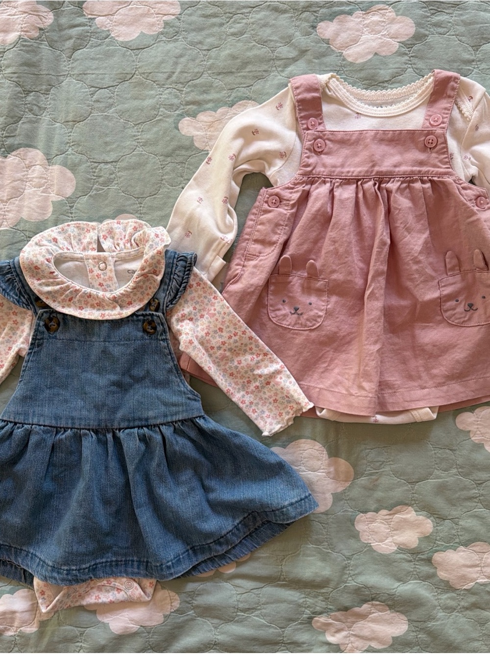 Carter's 4pc Outfit Set Baby Girl 3m Corduroy Jumper Dress Bodysuit blue & pink